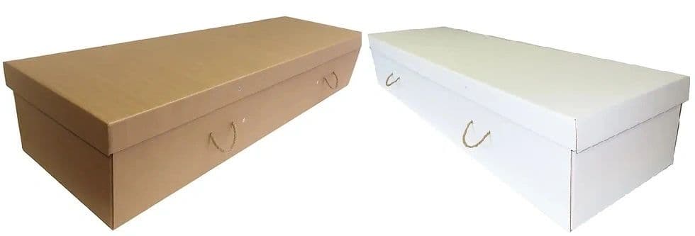 Two coffin-shaped cardboard boxes, one brown and one white.