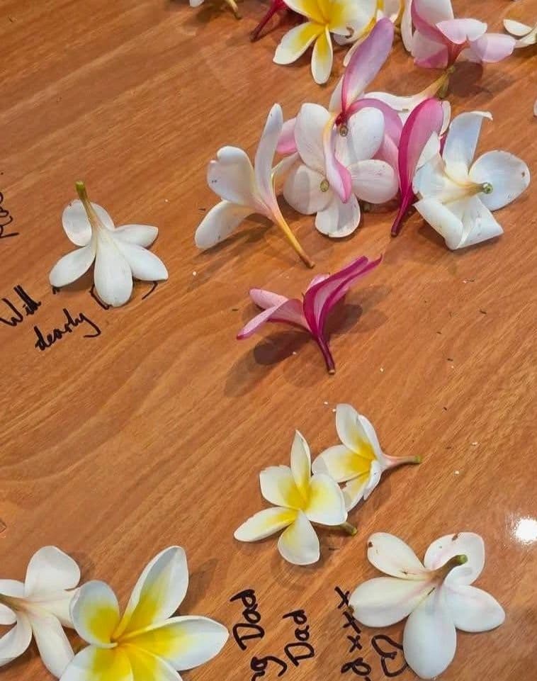 Various plumeria flowers scattered on a wooden surface with handwritten notes.
