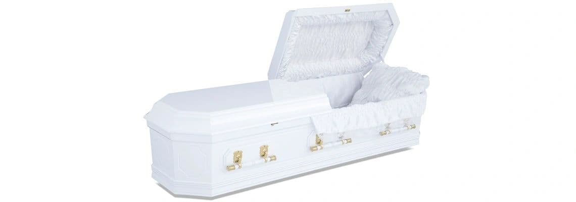 White casket with satin interior and gold handles, partially open.