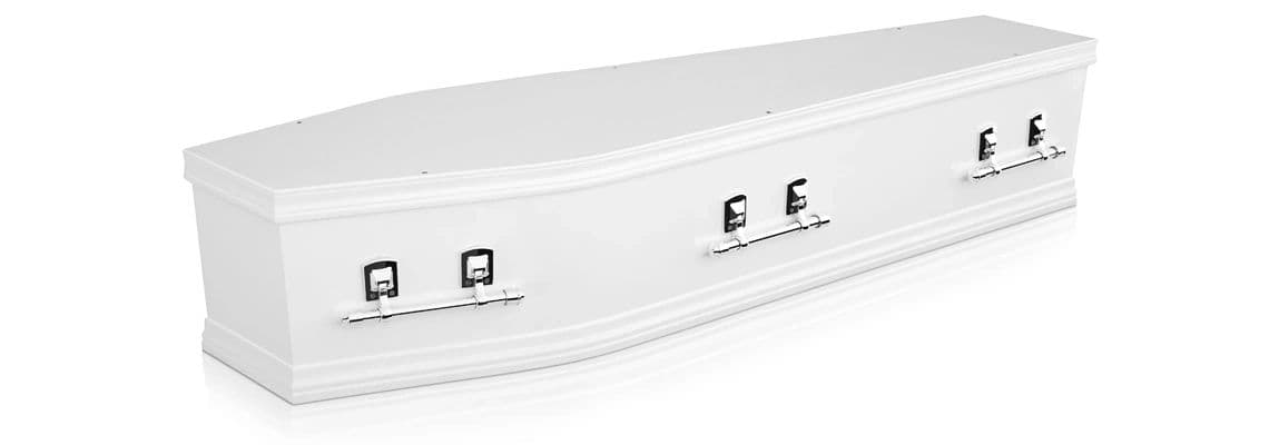 White coffin with silver handles isolated on white background.